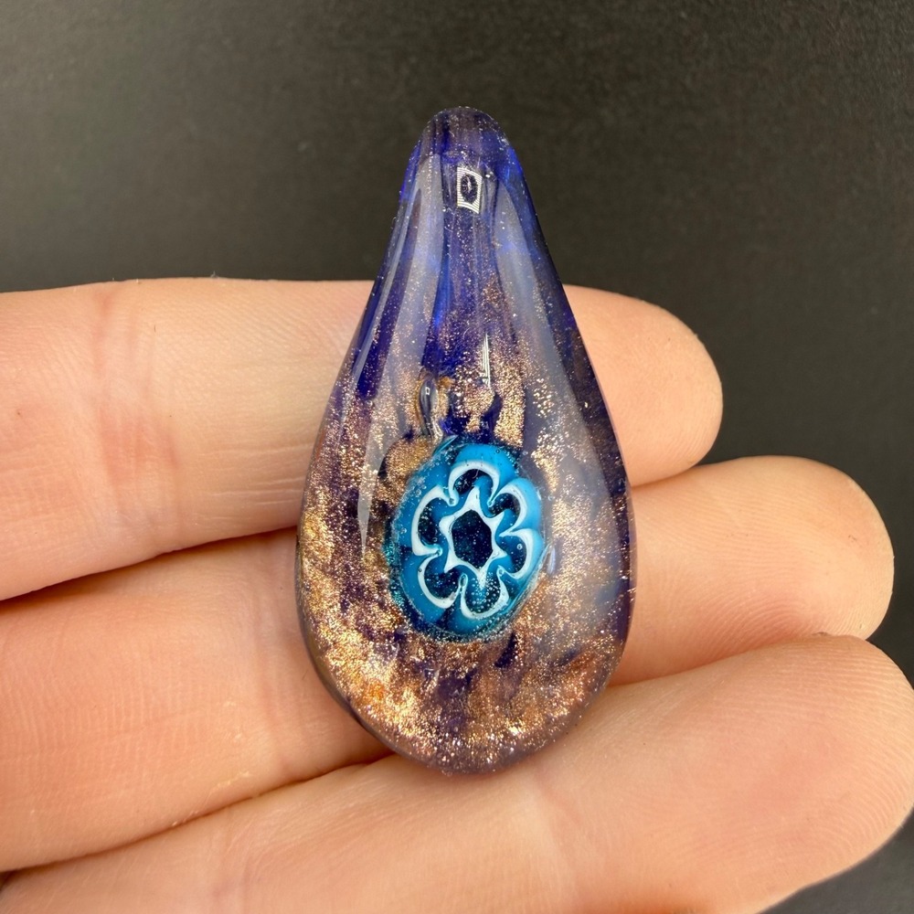 Vintage Estate Art Glass Pendant Blue Millefiori Gold Fleck Teardrop 1.5in
